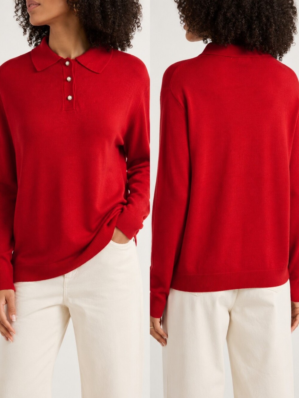 Taylor Red Polo-Collar Pearl Button Sweater